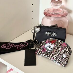 Ed Hardy Black and Leopard Print Pouch Duo